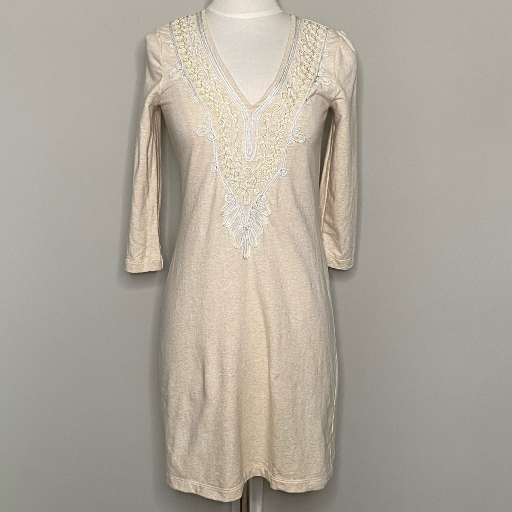 Lilly Pulitzer V-Neck 3/4 Sleeve Embellished Clarkson Dress in Cream Heather, XS